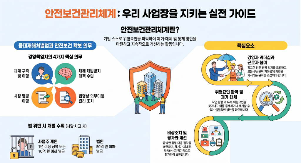 안전보건관리체계 안내 인포그래픽 - 중대재해처벌법과 안전보건 확보 의무, 핵심요소, 처벌 수위, 5~49인 사업장 무료 컨설팅 지원 안내
